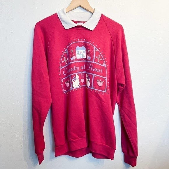 Vintage 90's Country At Heart Cat Grandma Sweatshirt Pink Magenta Jerzees Sz XL - Picture 1 of 7
